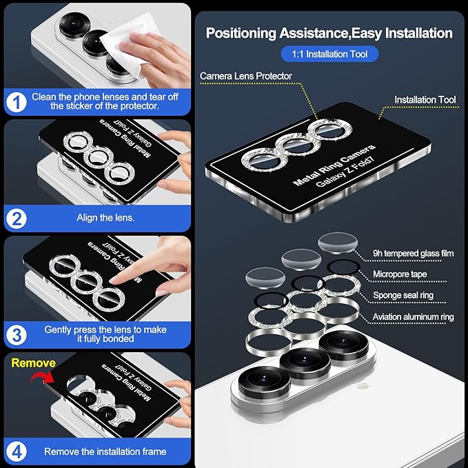for Samsung Galaxy Z Fold 7 Camera Lens Protector, Individual Metal Ring Tempered Glass Lens Cover, [Strong Adsorption] Scratch Resistant Ultra-Thin HD Clear Lens Cover, 1 Set-Slivery Diamond