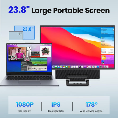23.8'' Portable Monitor,FHD 1080P 100Hz IPS Laptop Screen Extender,USB-C HDMI Large Office Gaming Second Monitor Extender with Detachable Stand for Mac Windows PS5 Xbox Switch(Built-in Speakers)