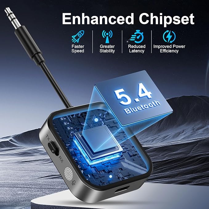 2025 Pro Bluetooth 5.4 Transmitter Receiver, 2-in-1 Wireless Audio Adapter for Airplane/TV/PC/Gym - Dual Link Headphone, Low Latency, Battery Display, Built-in Mic, 30H Playtime, Aviation Metal Frame