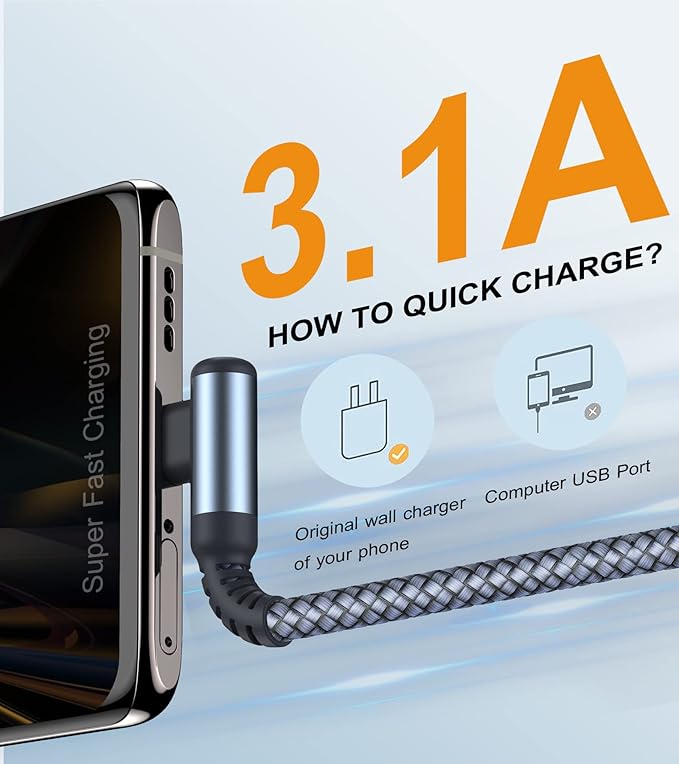 USB C Cable Right Angle [2-Pack, 5FT+5FT], USB Type C iPhone 16 Charger Cable Nylon Braided Cord for iPhone 15 16 pro max Plus Samsung Galaxy S25 S24 S23 S22 S21 S10 S9 S8 Note 20 10 9 8,LG,Moto,PS5