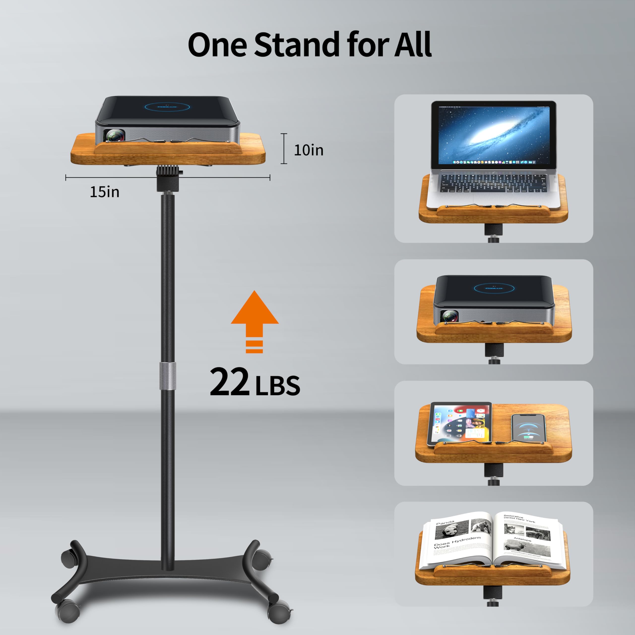 NAMON Rolling Floor Book Stand for Reading, 100% Solid Wood, Height Adjustable 16.5"-51", Floor Reading Stand with 4 Lockable Casters & Page Clip for Books, Sheet Music (Rolling / 2-in-1, 10" x 15")