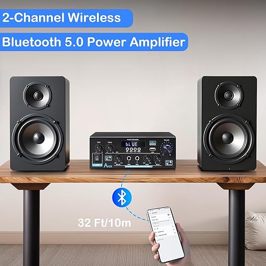 AK55 Stereo Amplifier Home Audio, Bluetooth 5.0 Max 450W Power Stereo Receivers 2.0 Channel Audio Amplifier for Speaker W/Remote Control/AUX/RCA/Echo/USB/2 MIC in for Home Party, Karaoke