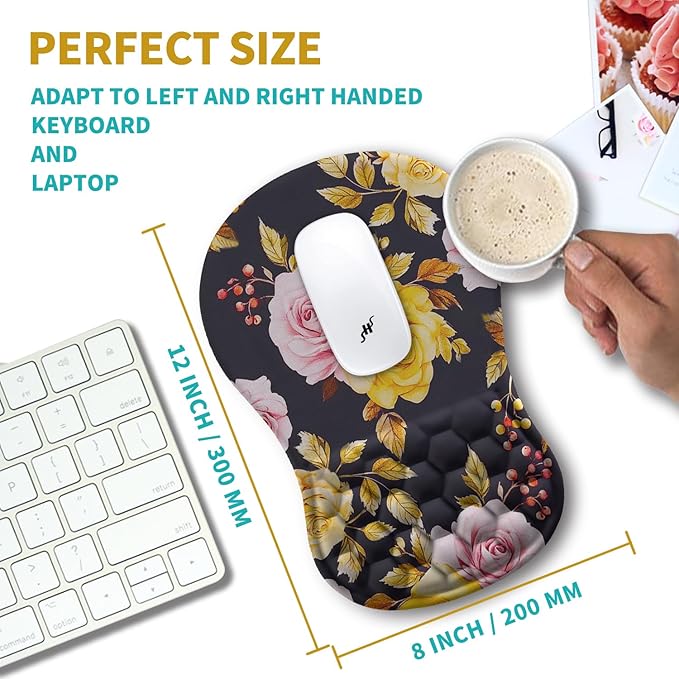 Hokafenle Ergonomic Mouse Pad Wrist Support, Wrist Rest Mousepad for Carpal Tunnel Pain Relief with Integrated Memory Foam Slope Massage Bulge (11.8x7.9 inch,Golden Powder Flower