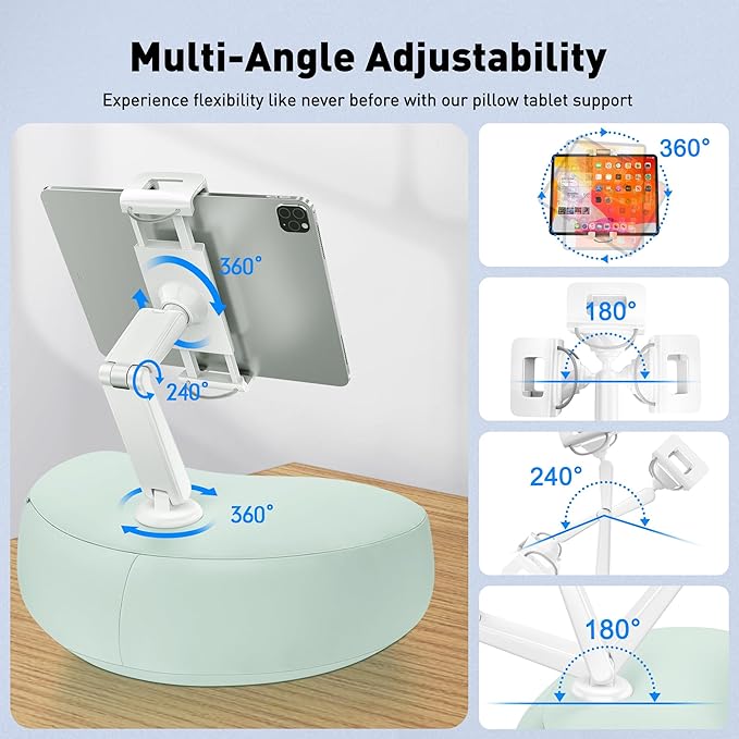 AboveTEK Tablet Pillow Stand for Bed, Hands-Free 360° Adjustable iPad Pillow Holder for Lap Reading w/Soft Bean Bag, Ideal Gift for Mom, Fits 4.7" to 12.9" Tablet, Phone, Kindle - Cyan