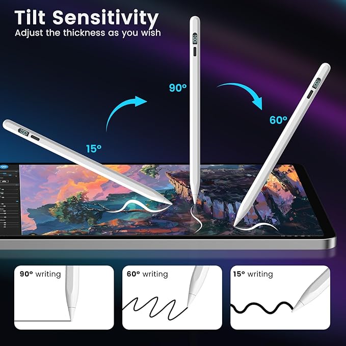 Stylus Pen for iPad M3/M4/9/10th Generation, LED Display Fast Charge Pencil Compatible with Apple iPad Pro A16 6th/7th/8th, Air 5/4/3, Mini 7/6/5(Tilt Sensitivity, Pixel Precision, Palm Rejection)