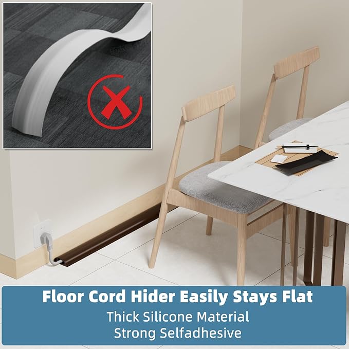 10ft Side Buckle Floor Cord Cover for Wires, Selfadhesive Extension Cord Hider Easy Floor Cable Management Prevent Cable Trips,Silicone Floor Wire Covers for Cords, Cable Protector Cord Cavity（Brown）