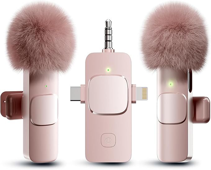 PQRQP 3 in 1 Wireless Lavalier Microphone for iPhone, iPad, Android, Camera, Mini Microphone, 7-Hour Battery, High Definition Sound Quality for Interview, Video Podcast, Vlog (Pink)