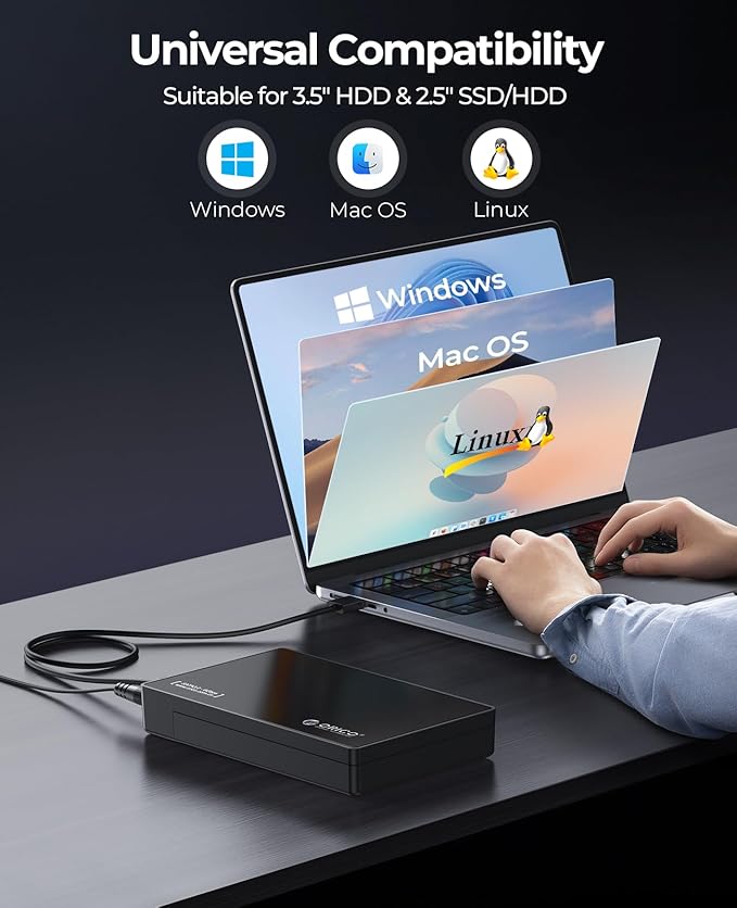 ORICO USB 3.0 External Hard Drive Enclosure for 3.5/2.5 Inch SATA Hard Drives/SSD Up to 20 TB, 3.5'' Tool-Free HDD Enclosure with 12V/2A Power Supply and UASP Acceleration (3588US3)