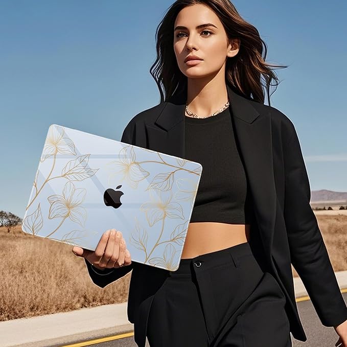 Mektron for 2025 MacBook Air 15 inch M4 Case A3241/ 2024 M3 A3114/ 2023 A2941 M2 Hard Printed Case with 15.3 Liquid Retina Display Touch ID, Plastic Hard Cover & Keyboard Skin- Gold Flower S718-Blue