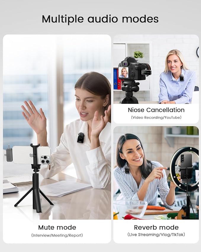 PQRQP 3 in 1 Microphone for iPhone/Android/Camera, Mini Microphone, 328ft Transmission, 18H Battery Life, Wireless Microphones Crystal-Clear Audio for Podcasting, Vlog, Streaming (Graphite Gray)