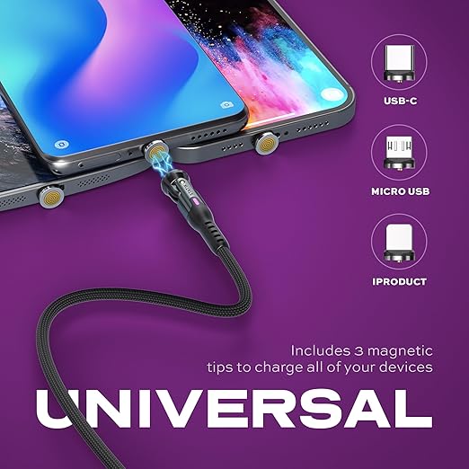 Statik 360 Pro Magnetic Charging Cable - Type C Charger Fast Charging 3 in 1 USB C to USB C Cable, Micro USB & iProduct Tips, USB A Adapter, Fits All Devices - 100W Fast Charger, Black 3FT/1M