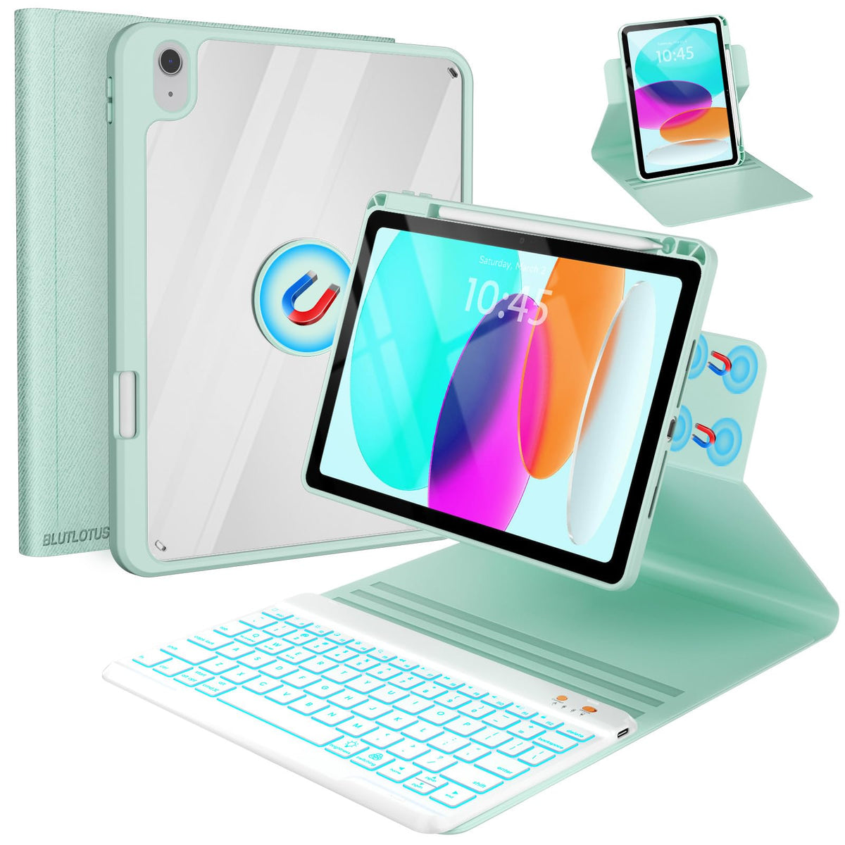BLUTLOTUS Keyboard Case for iPad 11th Generation (A16) 10th Generation (2025/2022) - 360 Rotatable Magnetic Folio Cover, 7 Color Backlit Detachable Wireless Keyboard with Pencil Holder (Purple)
