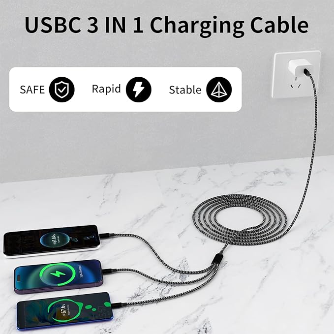 USB C Multi Charging Cable [2Pack 4FT], 3 in 1 Charging Cable Nylon Braided USB-C Multiple Charger Cord with Type-C, Micro USB and IP Port for iPhone 16/15 Series/Cell Phones and More
