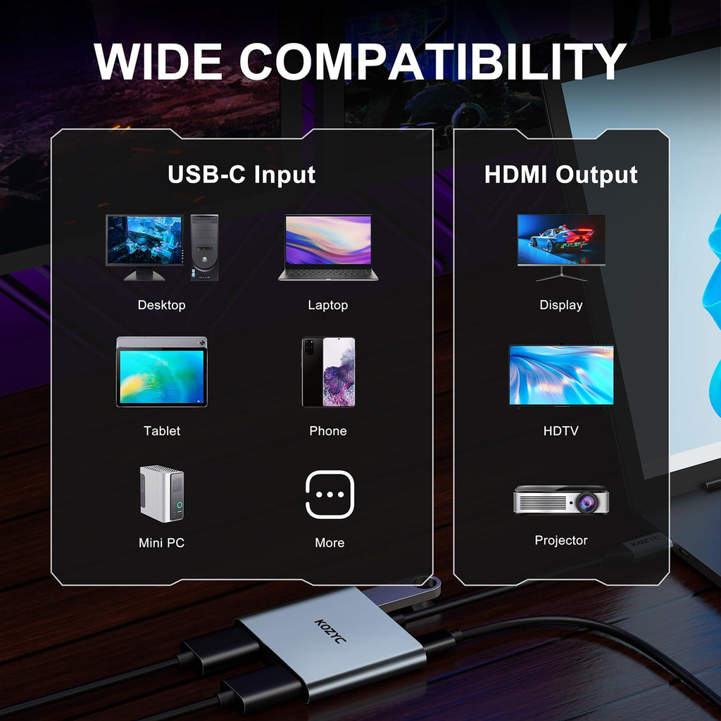 USB C to Dual HDMI Adapter 4K@30Hz, KOZYC USB C Hub Multiport Adapter with 2xHDMI, USB 3.0, 100W PD, Support USB C to HDMI Splitter Extended Display for MacBook Pro (MST is not Supported on MacOS)
