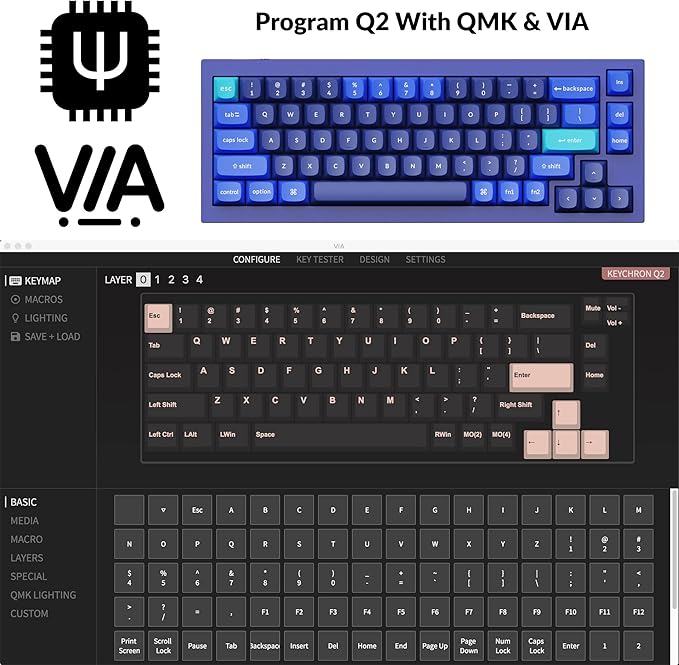 Keychron Q2 Wired Custom Mechanical Keyboard, QMK/VIA Programmable Macro, Full Aluminum, Hot-Swappable Gateron G Pro Blue Switch, 65% Layout Double Gasket Compatible with Mac and Windows - Blue