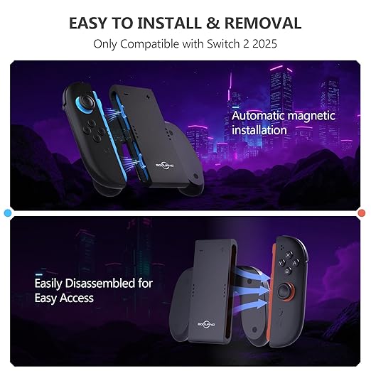 Switch 2 Joycon Charging Grip with Built-in 2000 mAH Battery, Super Magnetic Charger Handle for Nintendo Switch 2 Joycons, Ergonomic Controller Grips for Playing While Charging, Switch 2 Accessories Black (Built-in Battery Black)