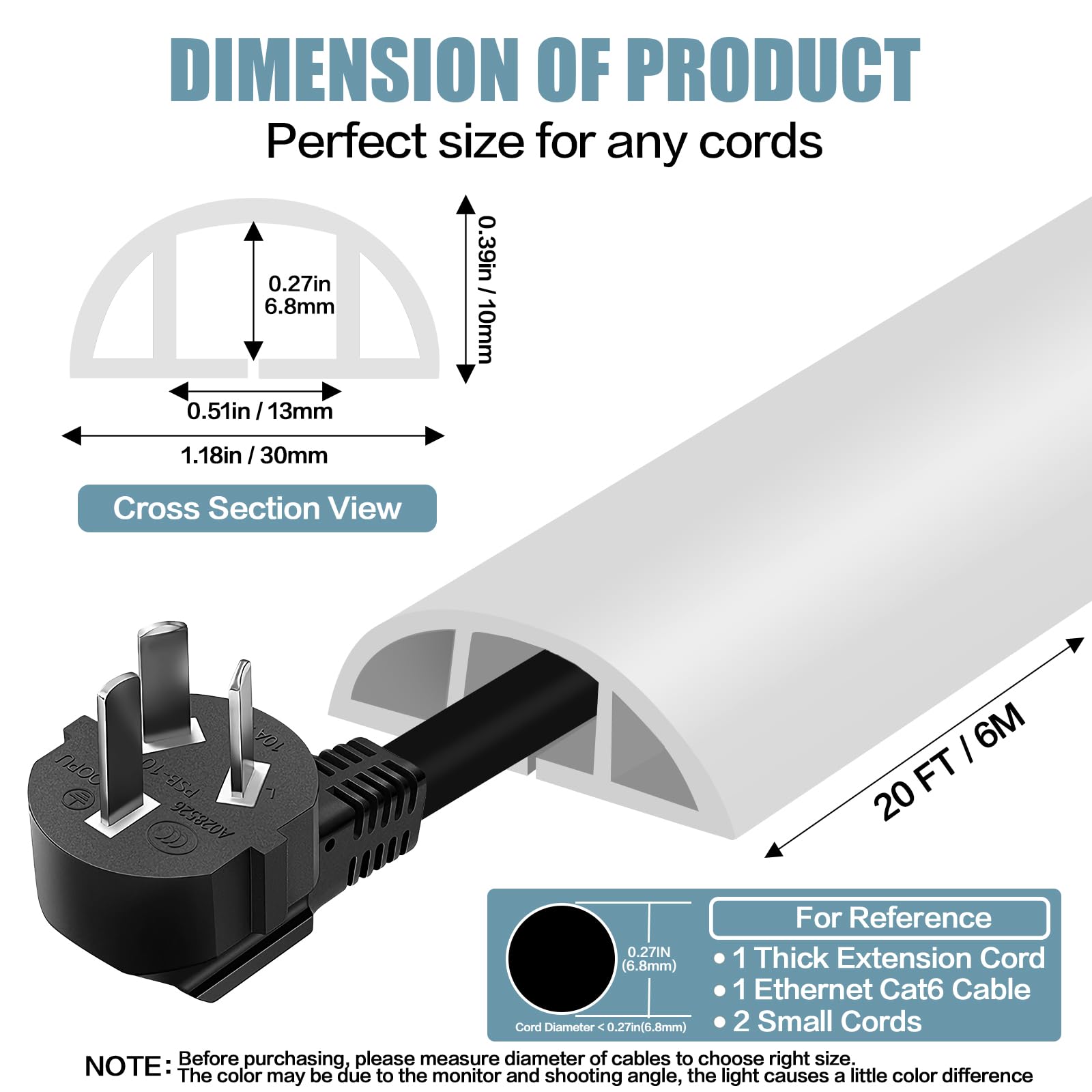 Floor Cord Cover Self Adhesive Cord Hider,20FT Cable Management, Extension Strip Protector for Wires, Prevent Cable Trips for Offices, Gyms, Exhibitions Cavity:0.39"(W) x 0.27"(H) White