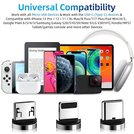 540 Rotation Magnetic Charging Cable, 3 in 1 Phone Charger [4-Pack, 3ft/3ft/6ft/10ft] 3A Fast Charging & Data Transfer Cable for i-P/Micro USB/Type C Device - Red