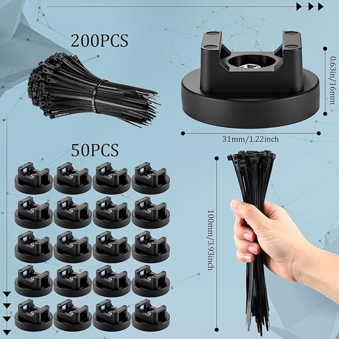Yookeer 250 Pieces Magnetic Zip Tie Mount Multipurpose Cable Holder Magnets Magnetic Wire Management Bases with Heavy Duty Zip, Mount Nylon Cable Ties in Total (31mm)