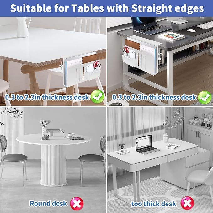 Desk Side Storage, Side Desk Laptop Holder with Anti-Scratch Pad & Magnetic Pen Holder, No Drill Under Table Laptop Mount Fits Flat Edge 0.3" to 2.3"