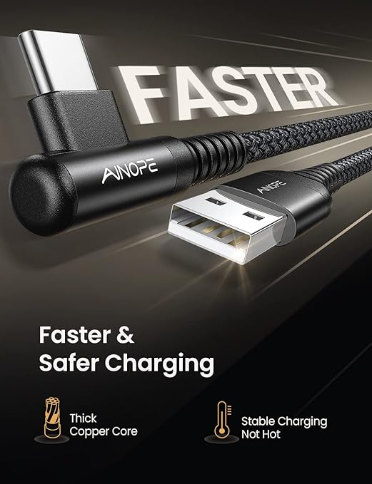 AINOPE 2-Pack Type C Charging Cable 3.1A Fast Charge, Right Angle [6.6ft+6.6ft] USB C Cable, Durable Nylon Braided Type C Charging Cable Fast Charge Compatible Galaxy S10 S9 S21, LG V30,V20,G6