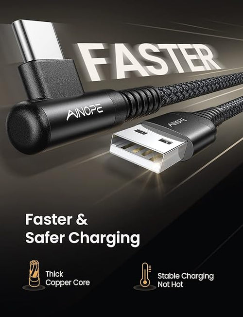 AINOPE USB Type C Cable 5-Pack [10/6.6/6.6/3.3/1.6ft] 3.1A C Type Charging Cable Right Angle, Nylon Braided USB C Cable Compatible with Galaxy S22 S20 Plus, Note 20, LG V20, Type C Charger Black