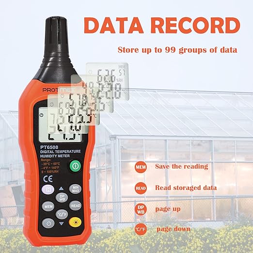 Protmex Digital Temperature Humidity Meter, Thermometer Hygrometer with Ambient Dew Point and Wet Bulb Temperature Indoor and Outdoor, Data Logger with Min/Max Hold, LCD Backlight, PT6508