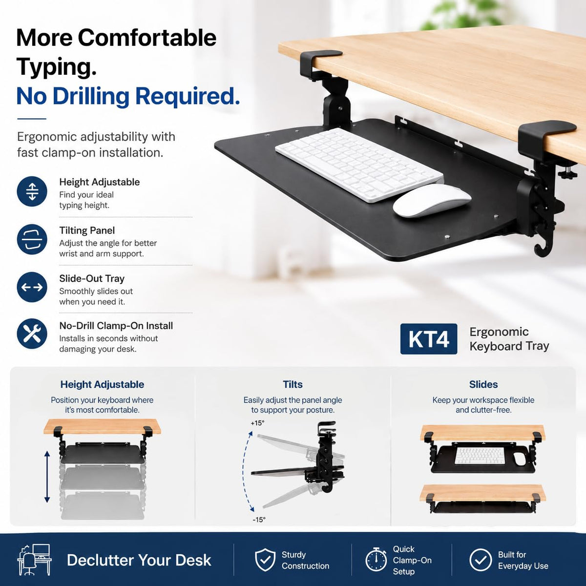 Uncaged Ergonomics Keyboard Tray Under Desk Slide Out Clamp On (Black)