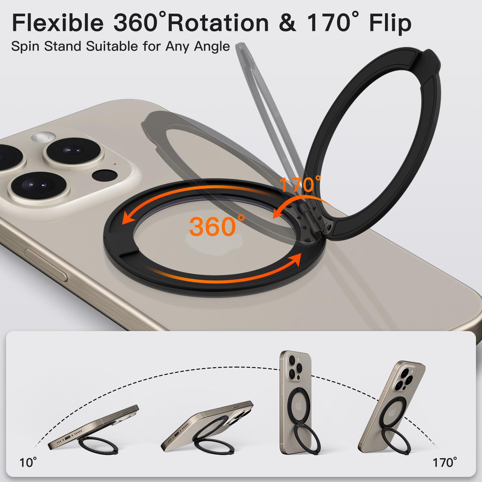 COOLQO 1Pc 360 Spin Cell Grip Ring Phone Stand [Upgrade Gear Hinge Stress Anxiety Relief] Magnetic Holders for Your car Accessories Desk Mount Compatible with iPhone All Smartphones, Black