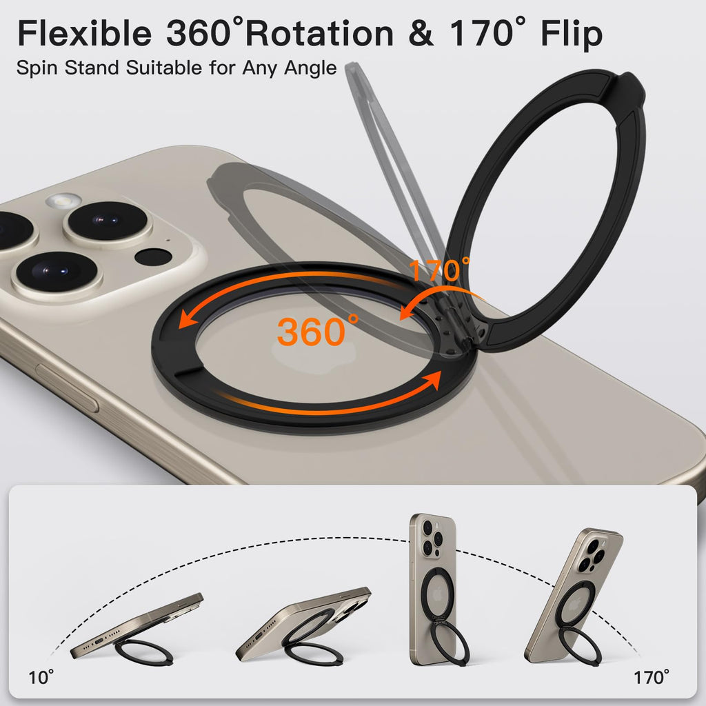 COOLQO 1Pc 360 Spin Cell Grip Ring Phone Stand [Upgrade Gear Hinge Stress Anxiety Relief] Magnetic Holders for Your car Accessories Desk Mount Compatible with iPhone All Smartphones, Black