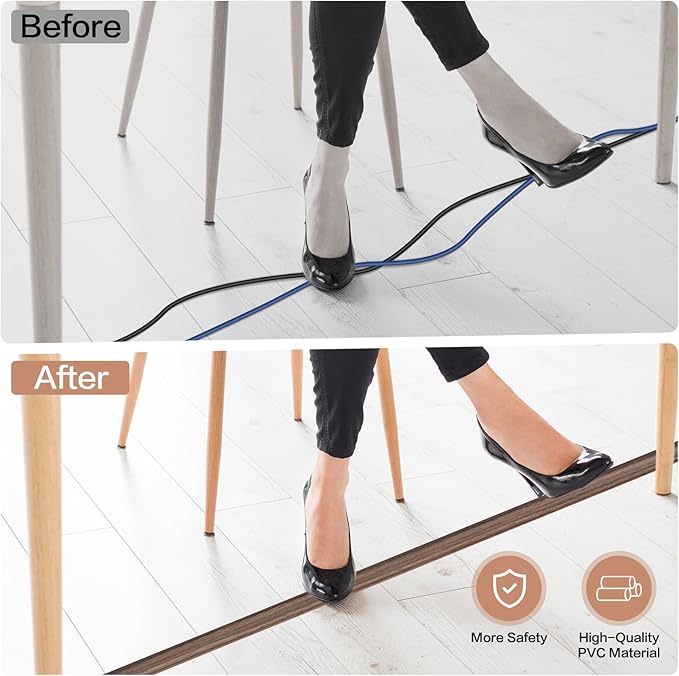 Floor Cord Cover Self Adhesive Cord Hider Floor Extension Cord Covers for Floor Power Cord Protector Cable Management Prevent Cable Trips Cable Cavity 0.32" W x 0.32" H (Smoked Brown Wood, 20Ft)