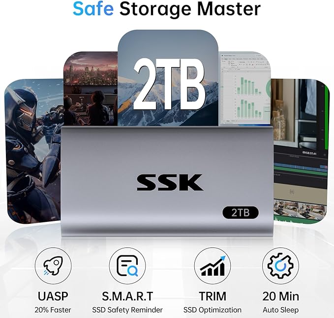 SSK 2TB SSD External Hard Drive, Portable SSD Up to 550MB/s Fast Solid State Drives, External Drive USB 3.2 Gen2 SSD for iPhone 15/Pro, Windows, Mac, Android with LED Light, Trim, Smart Supported