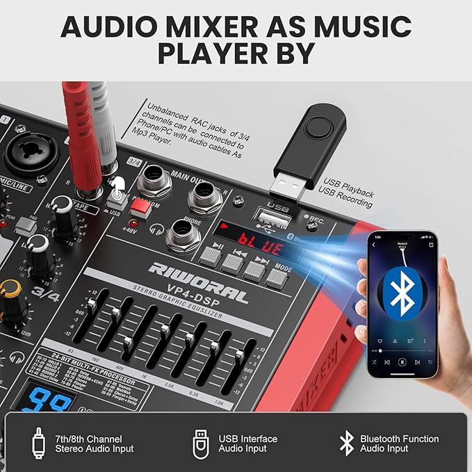 4 Channel Audio Interface DJ Mixer With 99 DSP Effects XLR 1/4 inch Jack For MIC/Musical Instrument USB PC Phone Bluetooth Music Audio Mixer for karaoke Stage Streaming Studio