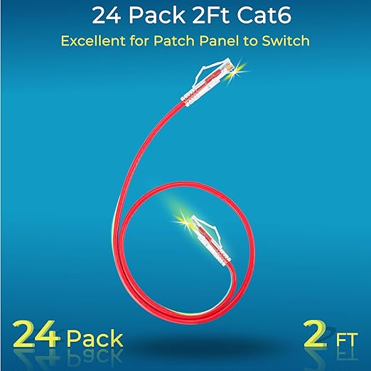 Rapink Patch Cables Cat6/ Cat6a 2ft (24 Pack) Slim, Cat6a Ethernet Patch Cable 10G Support, Snagless Cat 6 Patch Cable for Patch Panel to Switch, Flexiable Cat6 Ethernet Cable Red