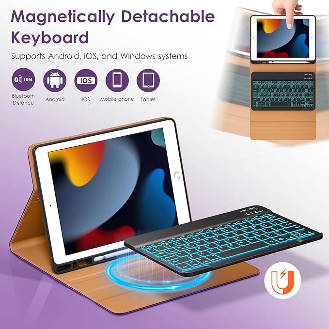 DTTO for iPad 9th/8th/7th Generation 10.2" Case 2021/2020/2019 with Keyboard, 7 Colors Backlit Wireless Detachable Keyboard Premium Leather Folio Cover with Pencil Holder & Pocket, Dark Purple