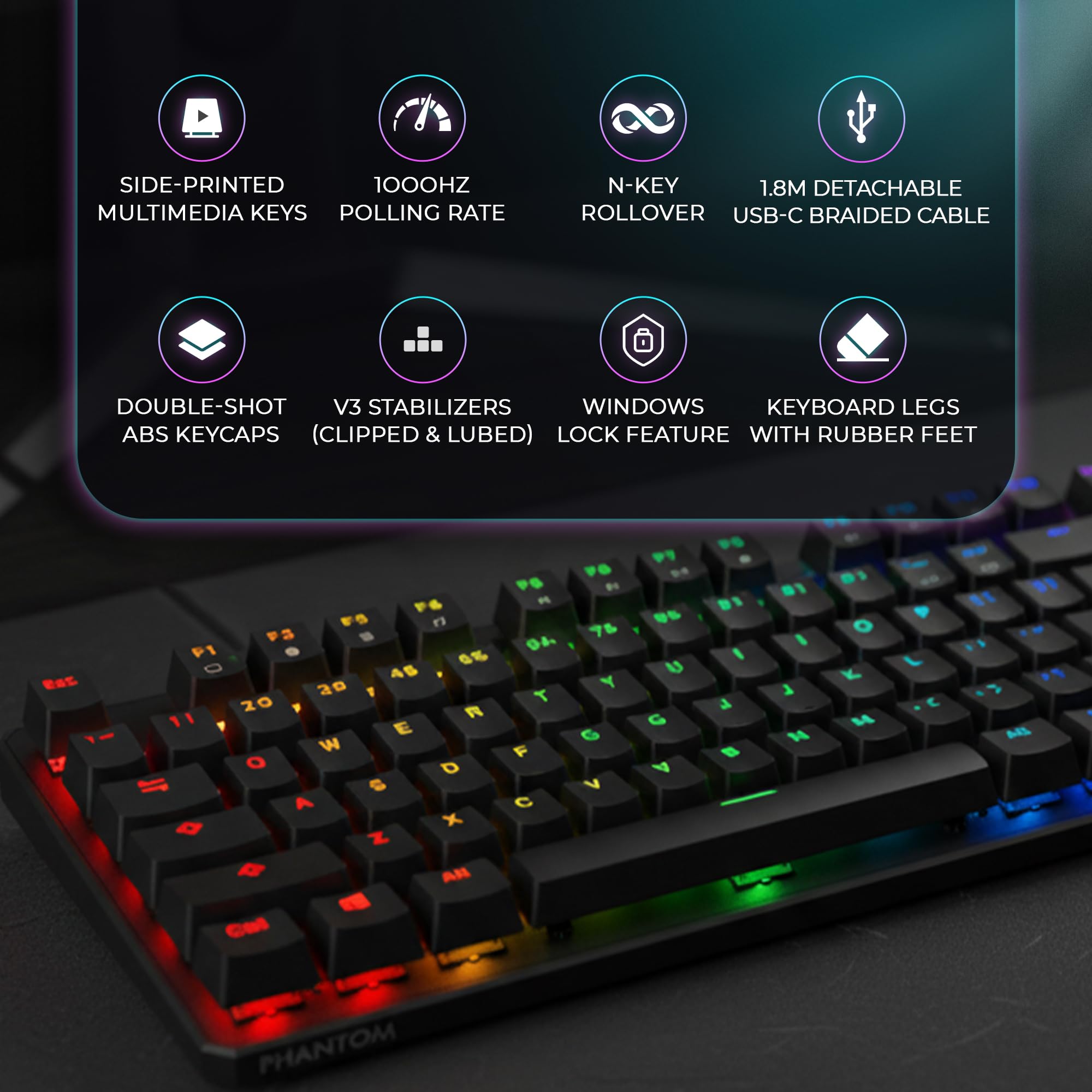 TECWARE Phantom+ 87 Mechanical Gaming Keyboard | RGB LED Backlit | Hot Swappable Wraith Red Switches | 87 Key TKL Layout | Thocky Sound Profile | Detachable USB-C Wired | Black