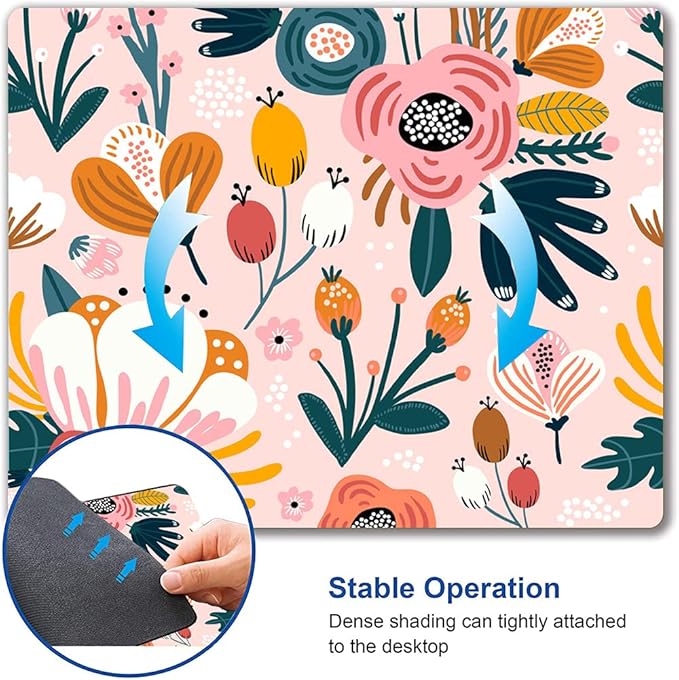 Pink Cute Flower Mouse Pad, Floarl Mouse Pad Custom Design, Square Waterproof Mouse Pad Non-Slip Rubber Base MousePads for Office Laptop, 9.5x7.9x0.12 Inch