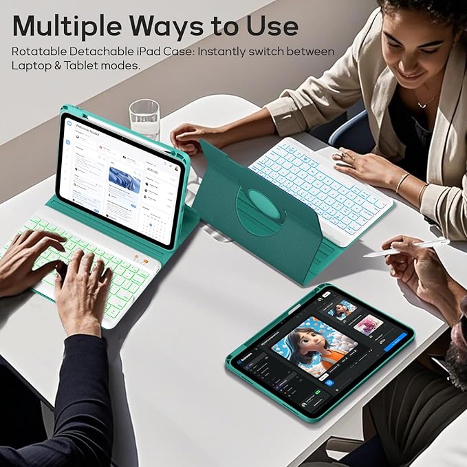 BLUTLOTUS for iPad iPad 9th 8th 7th Generation Case with Keyboard - 360° Rotatable Magnetic Folio Cover 2021/2020/2019, 7 Color Backlit Detachable Keyboard with Pencil Holder - Teal