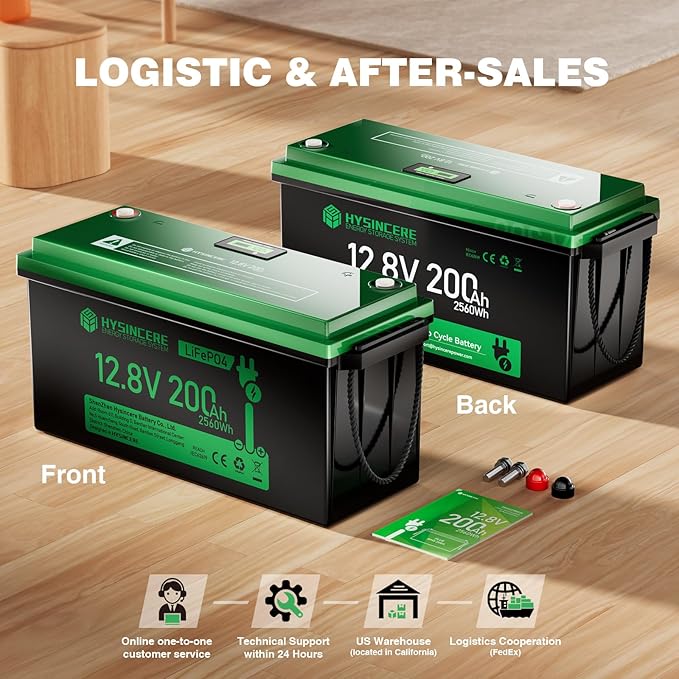 12V 200Ah LiFePO4 Lithium Battery with 2560Wh Energy, Built-in 200A BMS, Discharge Current (3S) up to 400A, 10 Years Lifetime 15000+ Cycles, Perfect for RV Solar Energy Storage Marine Trolling Motor