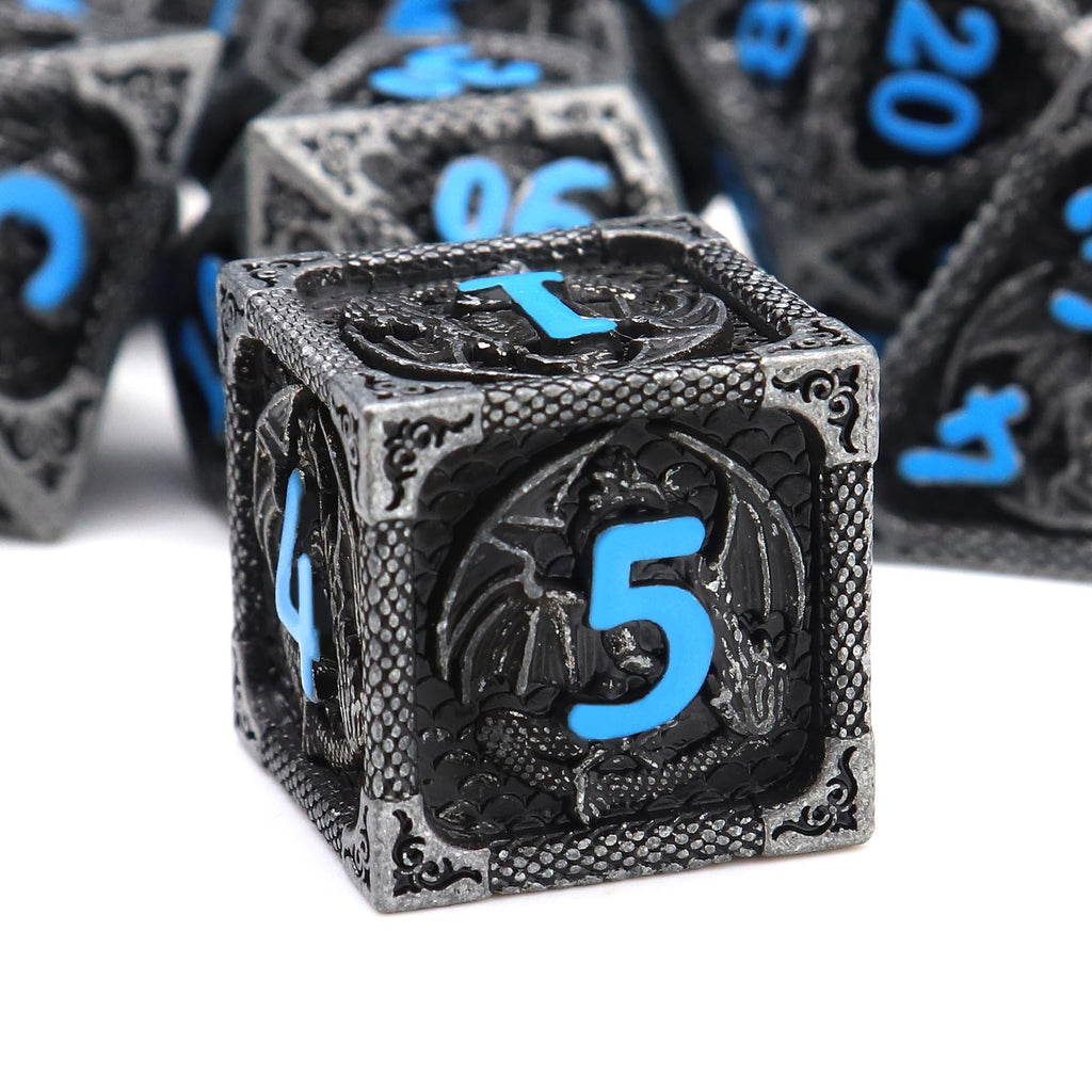 Haxtec Metal DND Dice Set Black Blue Dragon D&D Dice Set with Leather Dice Bag Metal Polyhedral Dice Compatible with Dungeons and Dragons Gifts TTRPG Dice