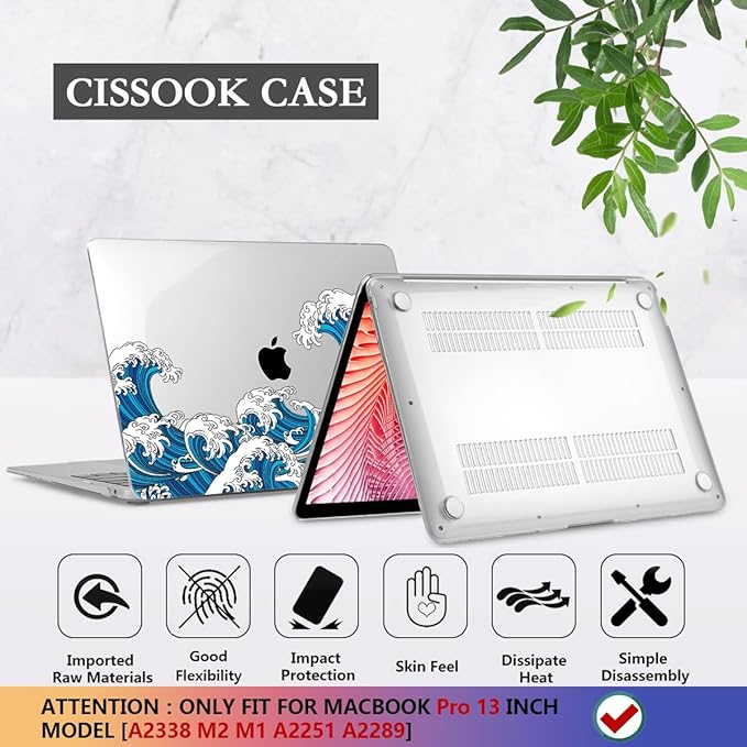 CISSOOK Wave Case for MacBook Pro 13 inch Case 2025-2020 Release, Ocean Hard Shell Cover for MacBook Pro 13 with Touch Bar M2 Chip A2338 M1 A2251 A2289 with Keyboard Cover +Screen Protector