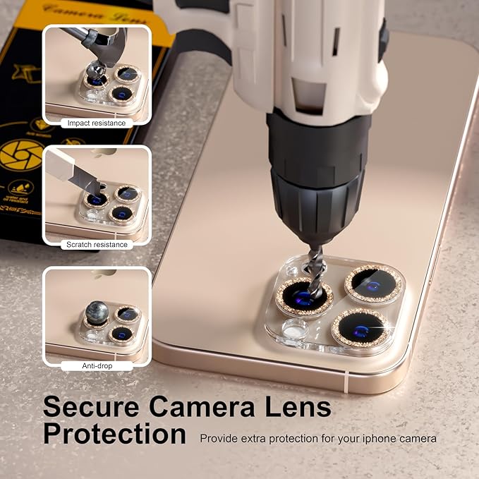 beuxece for 6 Pack iPhone 16 Pro/iPhone 16 Pro Max Camera Lens Protector [Drop Protection] [Case Friendly] [Easy Installation] 9H Tempered Glass Camera Screen Protector Cover, Glitter Gold