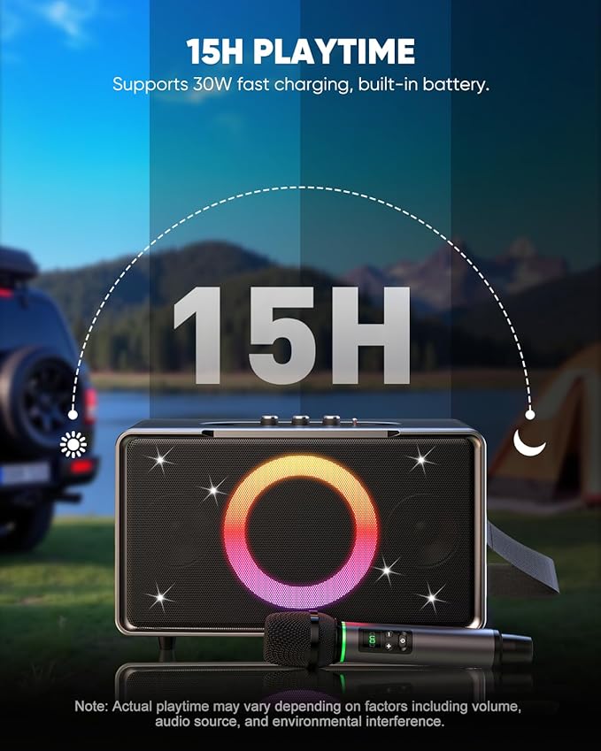 GFEEN Portable Bluetooth Speaker: 100W(160W Peak), 15H Playtime, Wireless Speakers with Microphone, 5″ Subwoofer, Loud Sound, Light Show, Fast Charging for Outdoor, Party, Backyard(Silver with 1Mic)