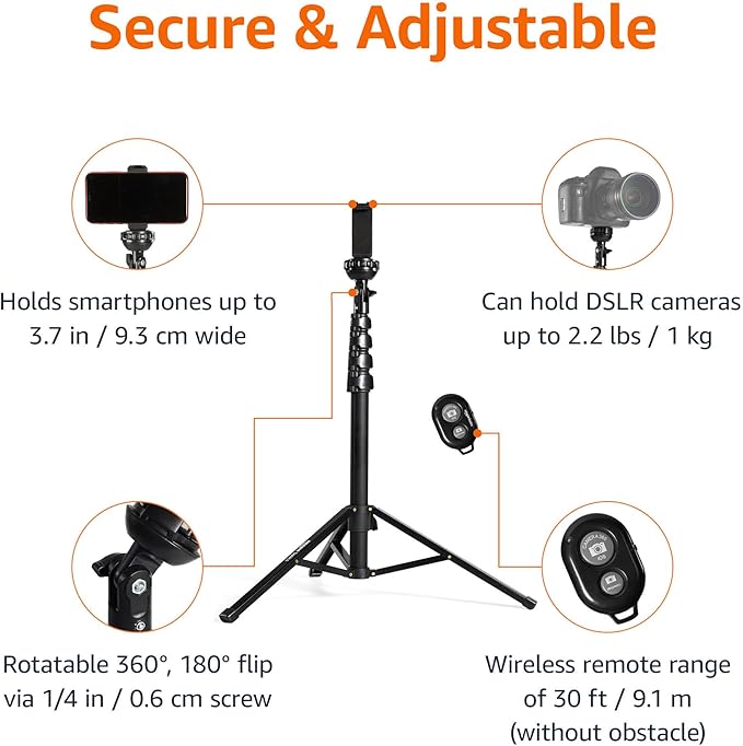 Amazon Basics 64-inch Extendable Tripod for iPhones and Smartphones, Selfie Stick Mode and Phone Tripod Mode, Black
