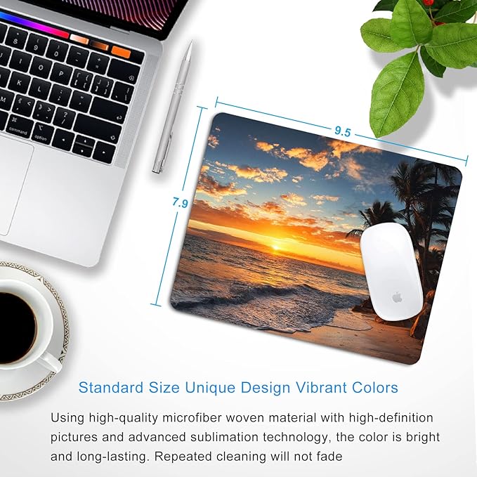 Sunset Beach Mouse pad with Tropical Ocean Landscape and Non-Slip Rubber Base Design for Personalized Women's Office Desktop Decoration Accessories 9.5x7.9 inch