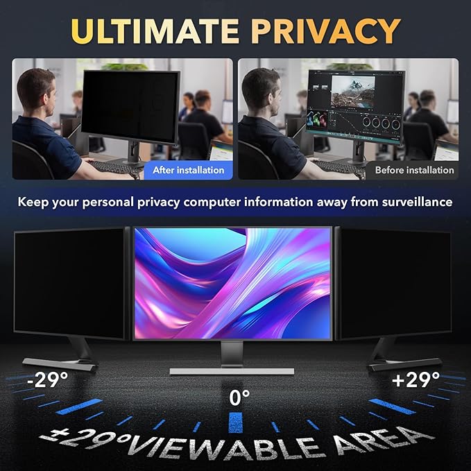 Magnetic Invisible Hidden Design Computer Privacy Screen Filter 24 Inch for Frameless Monitor 16:9 Aspect Ratio, Removable Anti Glare Blue Light Protector, Double Sided Reversible Eye Care 24in Film