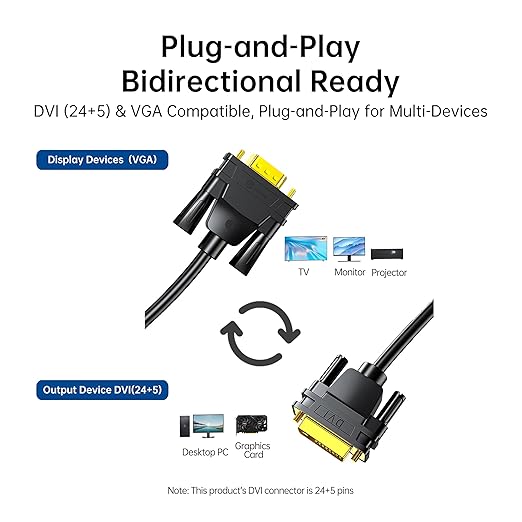 DVI to VGA Cable 6ft/1.8m [DVI-I 24+5 Pin Male to VGA Male] - Gold-Plated Connector for PC, Monitor, Projector - Compatible with Desktop, Laptop, GPU