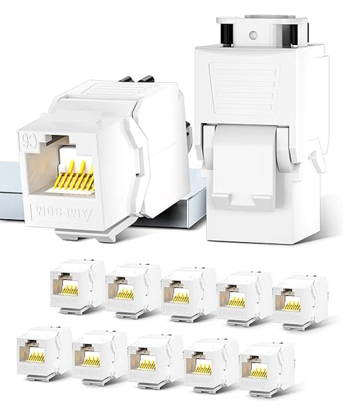 AMPCOM CAT6 RJ45 Keystone Jack - Reusable UTP Ethernet Wall Jack with Adjustable Ratchet Lock Design, No Tool and Zip Tie Required - 50u Gold Plated - White (12-Pack)
