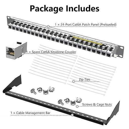 Jadaol 24 Port Shielded Patch Panel Rack or Wall Mount 19-Inch, 1U Cat6A Network Panel Preloaded with 24 Keystone Couplers Plus 1 Spare, 10Gbps Ethernet Panel with Cable Management & Back Support Bar