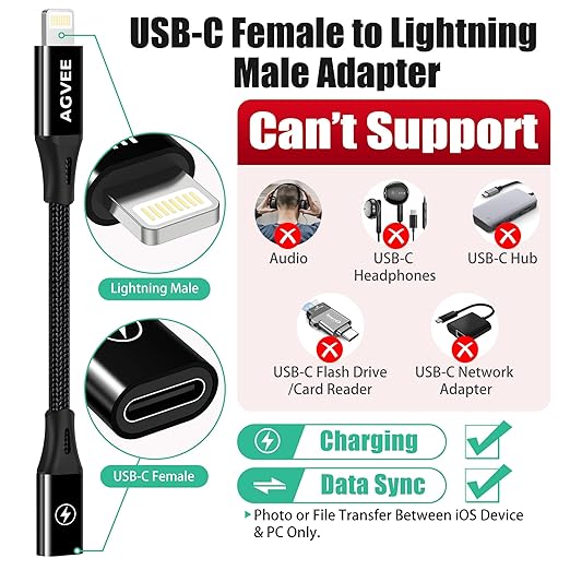 AGVEE 4 inch USB-C Female to Lightning Male Adapter, 30W Fast Charging Charger Converter for iPhone 14 13 12 11 Airpods iOS Device Carplay, Not for Audio, Black
